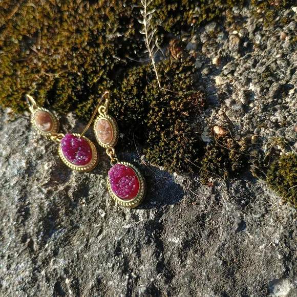 GORGEOUS maroon and mocha, faux druzy double drop earrings, whimsy gothic, boho - Picture 3 of 10
